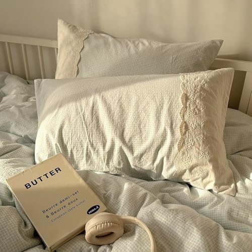 Image of MKXI Blue Gingham Duvet Cover Set King Size - Delicate White Lace Trimmed Soft Washed Microfiber Bedding Set, Vintage Cottagecore Style for Girls & Teens, 3-Piece with Zipper Closure