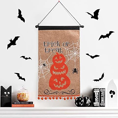 XAMSHOR Trick or Treat Hanging Flag Burlap Vertical Tapestry with Pom Poms Pumpkin Wall Hanging Halloween Party Indoor Outdoor Decorations, 24 x13 Inches Cover