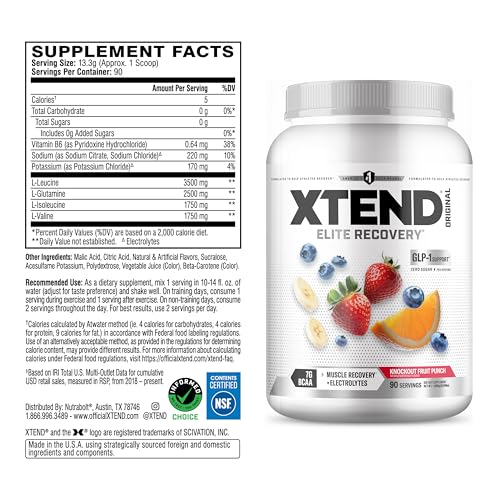 Image of Xtend Original BCAA Powder, 7g BCAAs and 2.5g L-Glutamine for Muscle Recovery Hydration and Lean Muscle, Sugar Free Intra and Post Workout Drink with Electrolytes, Knockout Fruit Punch, 90 Servings