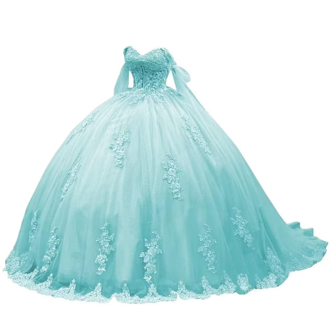 Women's Off Shoulder Quinceanera Dresses Ball Gowns Puffy Tulle Long Formal Prom Evening Dresses Lace Appliques