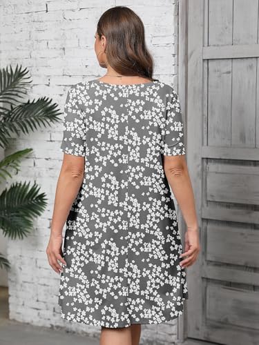 Image of AusLook Plus Size Midi Dress for Women Casual Summer Short Sleeve A Line Swing Dress with Pocket Round Neck Flowy Dress 1X-5X