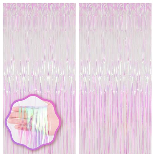 Image of Voircoloria 2 Pack Iridescent Transparent Foil Fringe Backdrop Curtains, Tinsel Streamers Birthday Party Decorations, Fringe Backdrop for Graduation, Baby Shower, Gender Reveal, Disco Party