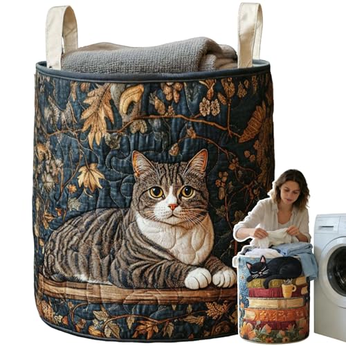 Image of Cat Quilted Laundry Basket - 18 inch /22 inch /28 inch, 2026 Large Quilted Cat Laundry Basket with Handles, Cozy Cat Fabric Storage Hamper for Nursery, Bedroom, Laundry Room, Clothes & Toys (6, M 16 inchX22 inch)