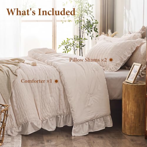 Image of JOLLYVOGUE Beige King Comforter Set, 3 Pieces Seersucker Comforters King Size, Lightweight & Fluffy Bedding Sets for All Season with 1 Ruffle Comforter and 2 Ruffle Pillowshams