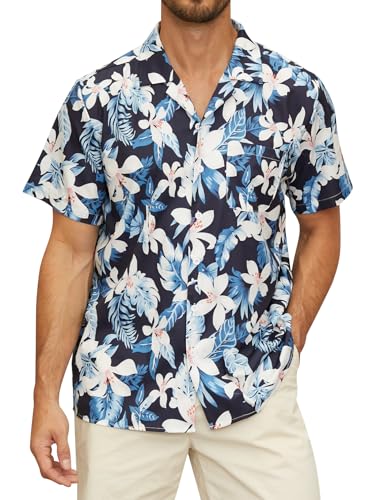 Hardaddy Men's Hawaiian Shirt Short Sleeve Tropical Button Down Shirts Floral Leaf Summer Beach Tops Holiday Wear Dark Blue-White Floral L