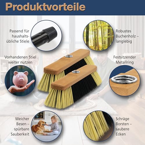 2 x Besenkopf aus Buchenholz - inkl. Metall-Schraubgewinde - robuster Zimmerbesen für innen - Stubenbesen aus Holz - ca. 30 cm breit - universell passend – Bild 4