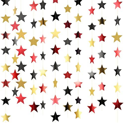 Glitter Star Garland Banner Decoration, 130 Feet Bright Star Hanging Bunting Banner Backdrop for Engagement Wedding Baby Shower Birthday Christmas Party Decor (Red, Black, Gold)