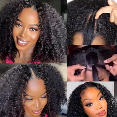 Image of ISEE V Part Human Hair Half Wig Kinky Curly U Part Wig for Women 18 Inch