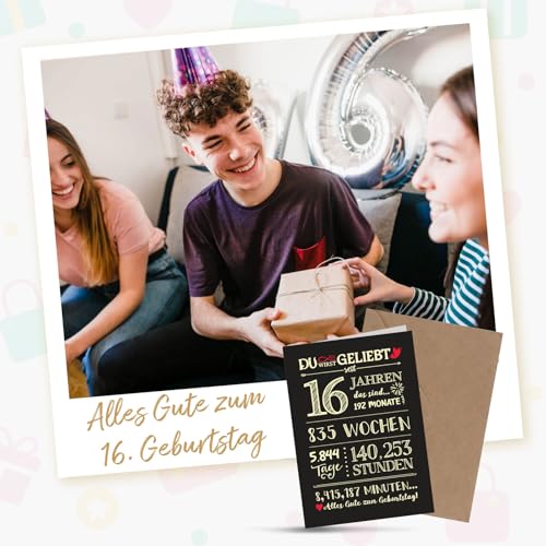BETESSIN Geburtstagskarte 16 Jahre Junge & Mädchen - Kreative Glückwunschkarte mit Umschlag - Geburtstagskarte 16. Geburtstag - Lustige Geschenke zum 16 Geburtstag Mädchen & Jungen (Schwarz)