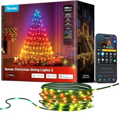 Govee RGBWIC Luces Navideñas para el Árbol 20 m 200 LEDs con Shape Mapping y AIGC Decoración de Interior Exterior para Halloween Navidad 130+ Modos de Escena Compatibles con Matter Cable Verdes