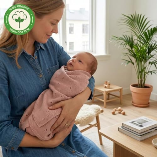 Image of 100% Organic Cotton Knit Receiving Baby Blanket for Newborns - Soft, Breathable Blanket for Crib & Stroller - Nursery Gift (Blush)