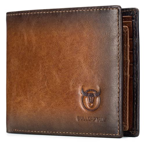 BULLCAPTAIN Wallets for Men RFID BLOCKING Slim Bifold Genuine Leather Front Pocket Wallet with 2 ID Windows QB-05 (Brown)