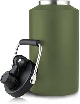 1 Gallon Water Bottle Insulated Stainless Steel Keeps Ice 48Hr, Large Water Gallon Jug Wide Mouth Leakproof Vacuum for Gym, Camping, Construction Army Green