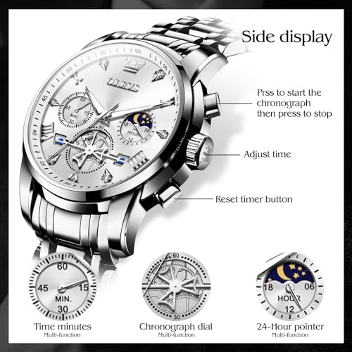 Image of OLEVS Watch Men Luxury Chronograph Stainless Steel Wrist Dress Waterproof Watch Quartz Analog Large Face Luminous