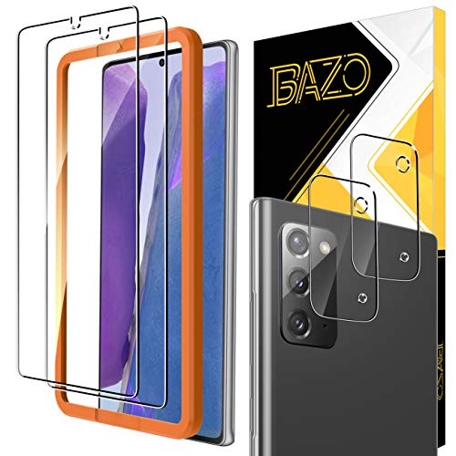 BAZO 2 Pack Screen Protector Tempered Glass and 2 Pack Camera Lens Protector for Samsung Galaxy Note 20 (6.7 inch) 5G / 4G with True Touch [Support Fingerprint Unlock] [Alignment Easy Installation Frame] HD