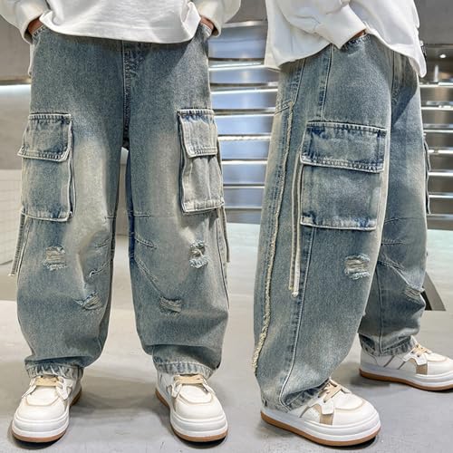 Boys Cargo Jeans Baggy High Waist Hip Hop Denim Pants Teen Lightweight Streetwear Y2K Oversized Cute Trousers4