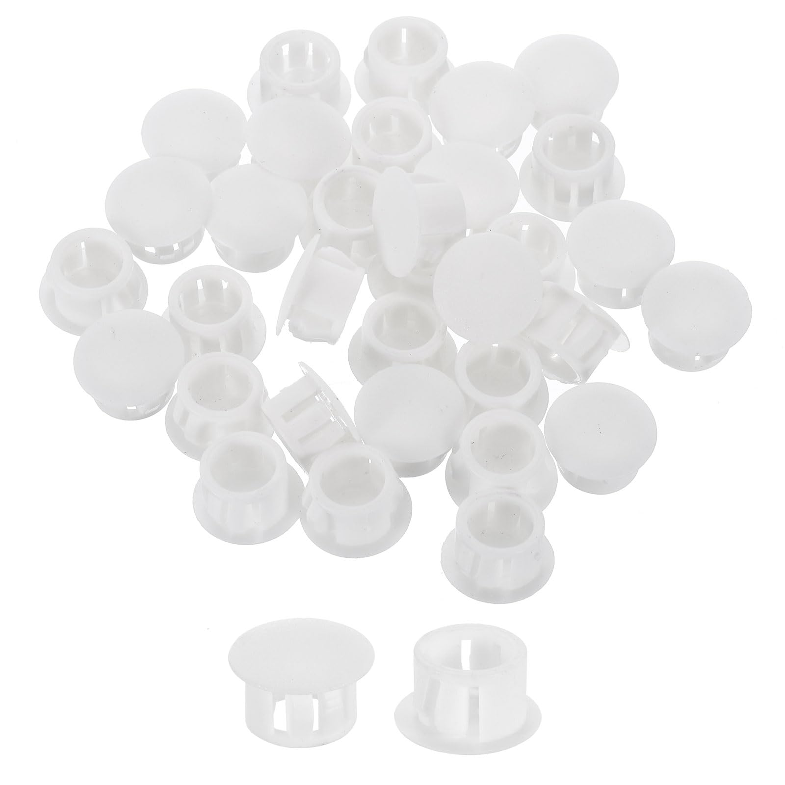 sourcing map 50Pcs Plastic Hole Plugs, 13mm(1/2") Flush Type Panel Plugs, Round Snap Knockout Locking Plugs for Furniture Insert End Caps Panels, White
