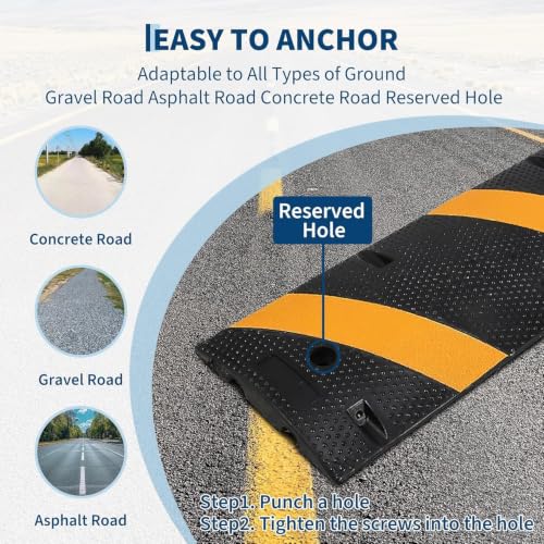 Image of 7 ft Rubber Speed Bump with 4 End Caps, 84 inch Speed Bumps for Driveway 1Pack | 25,000 Lbs Capacity Heavy Duty Speed Hump for Low Cars, RVs, Parking Lots, Residential Streets, Asphalt, Concrete, Gravel