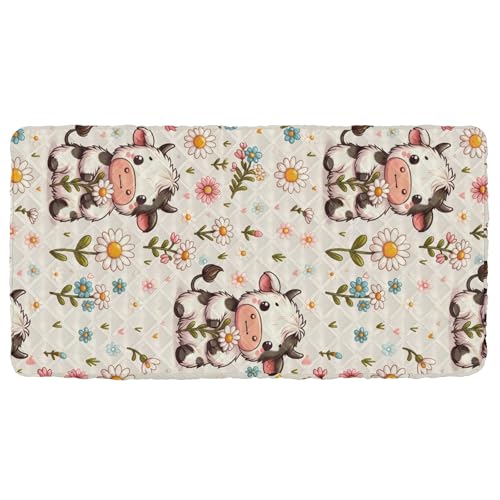 Portable Toddler Bed Sheet for Kids Cute Little Cow and Daisy Flower Travel Bed Fitted Sheet
