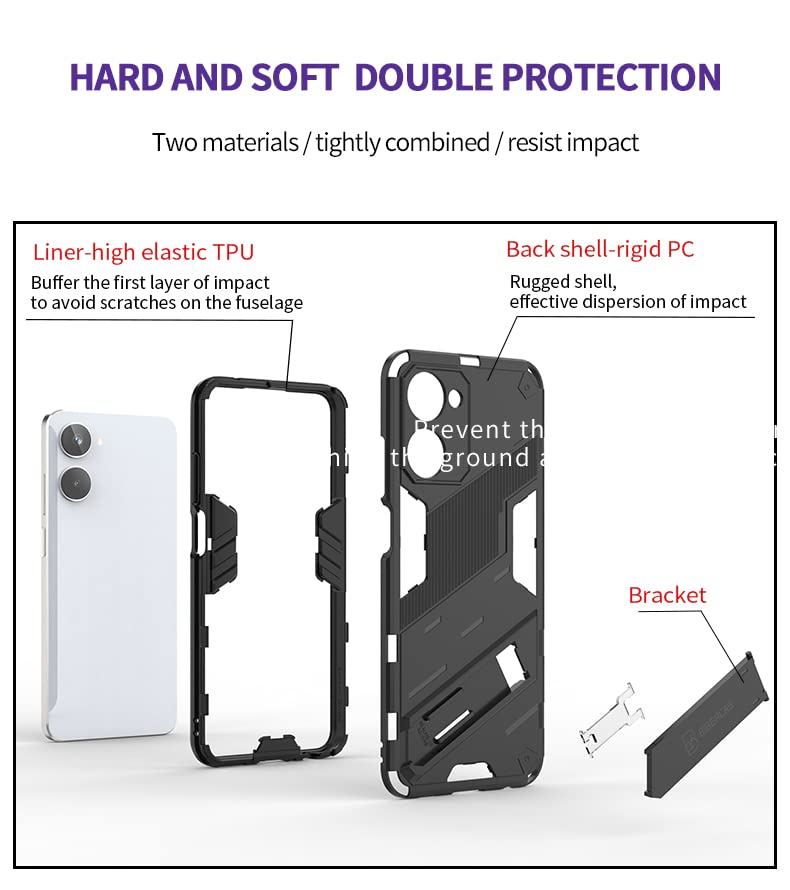 BORYA Cover per Realme 10 4G, Silicone Antiurto Ultra Sottile PC+TPU Custodia, Militare Antigraffio Case con Magnetico Metallo Supporto e Protezione Fotocamera. Nero