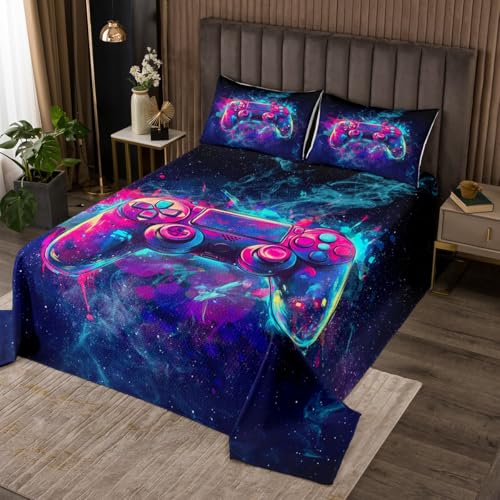 jejeloiu Boys Girls Gamer Bedspread Queen Size, Hippie Graffiti Gaming Coverlet Set Modern Game Quilted Coverlet Kids Teens Bedroom Decor 3Pcs
