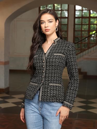 M.Infisavo Womens Stand Notch Lapel Suit Jacket Long Sleeve Fully Lined Open Front Dressy Tweed Blazer Outfits2