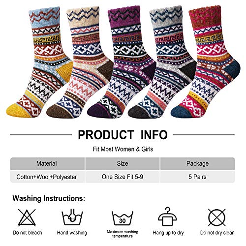 Image of ICEIVY Womens Socks 5 Pairs Wool Warm Cotton Thick Vintage Casual Winter Cabin Crew Fuzzy Socks Gifts For Women
