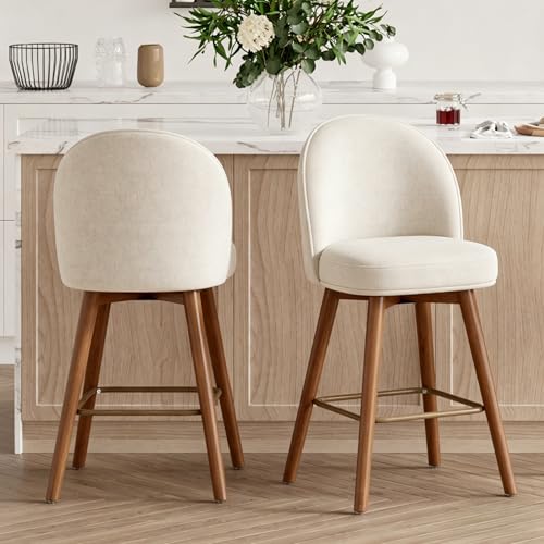 Image of Modern Swivel Bar Stools Set of 2, Chic Upholstered Counter Height(26IN) Bar Chair with Back, Solid Wood Legs and Footrest, Comfortable Chenille Bar Stool for Kitchen Island, Cream White
