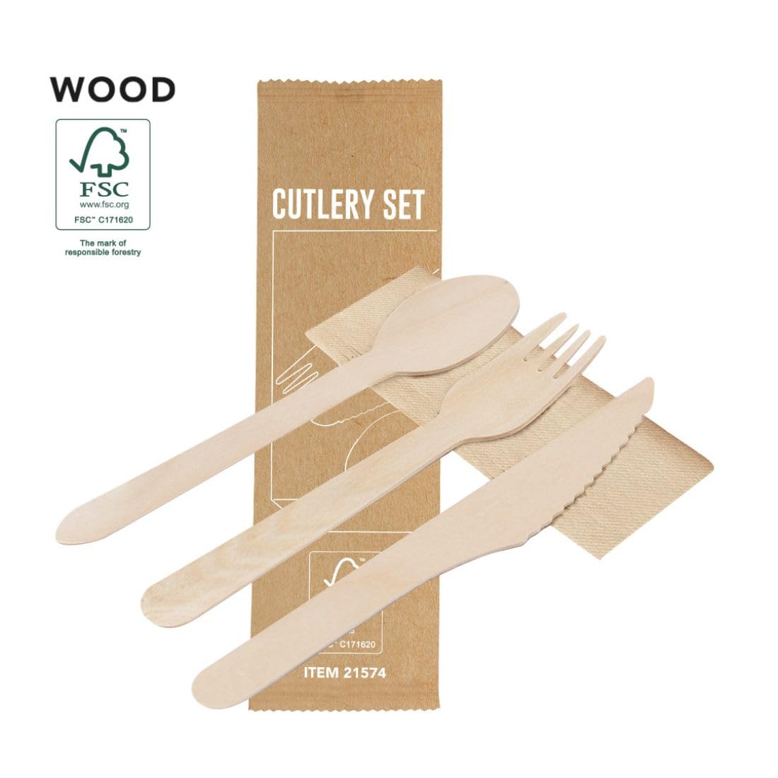 Pack 250 Sets de Cubiertos Desechables Ecológicos de Madera | Cuchara Tenedor Cuchillo y Servilleta | Cubiertos Take Away para Hostelería y Eventos