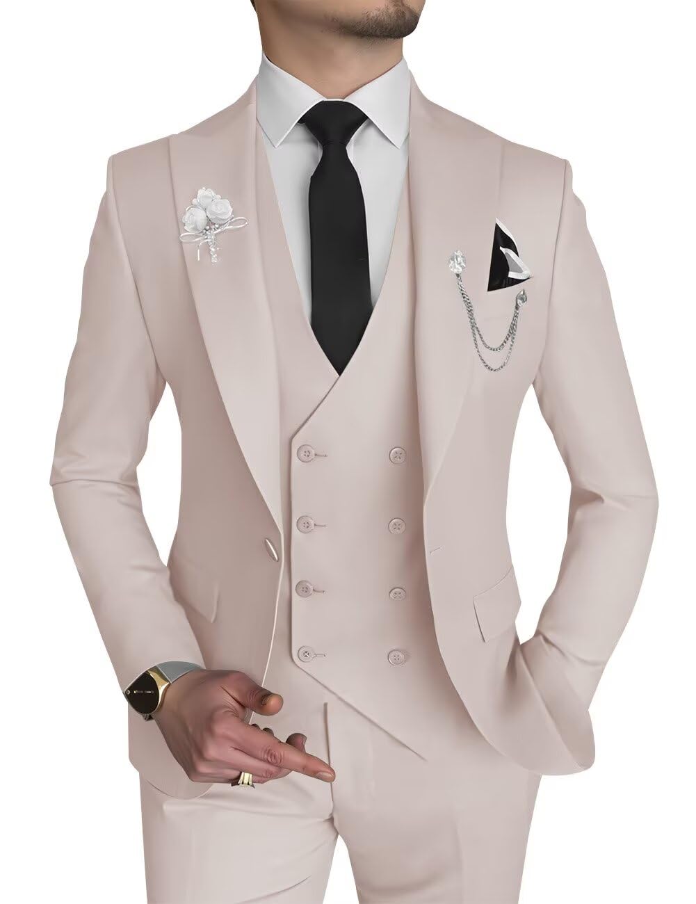 Wangyue Men's 3 Piece Slim Fit Suit Double Breasted Suit Men Formal Suit for Wedding Prom Dinner Party