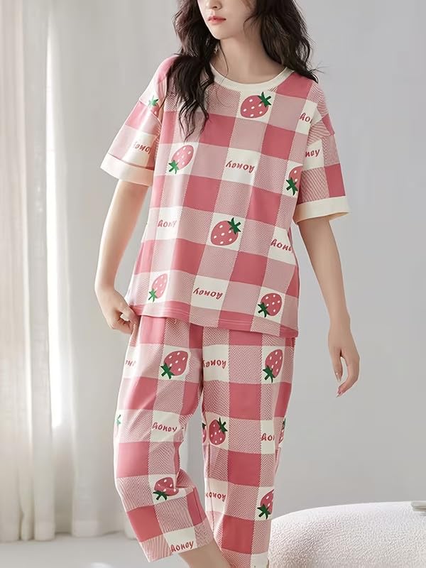 Image of Women Capri Pajama Set Korean Style Nightsuit Soft Breathable Top and Mid Length Pants Lightweight Loose Fit Nightwear Loungewear