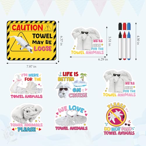 Image of Dazoratix Towel Animals Cruise Magnets - 7 Pcs Large Funny Ship Cabin Door Decoration Magnetic Sea Navigation Anchor Stickers Decals with Pens for Stateroom Whiteboard Accessories Carnival Party Decor