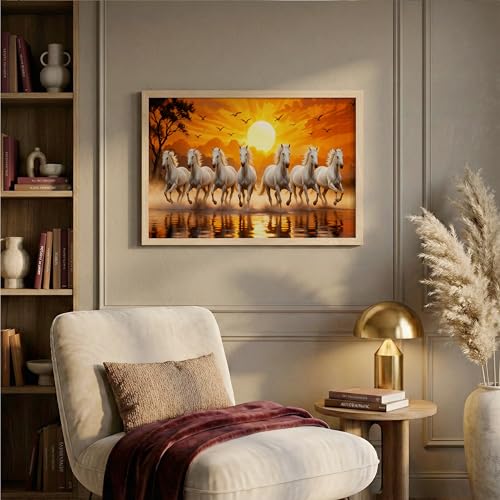 Image of Suneree 7 White Horse Vastu Wall Painting - Running Horses Sunset Landscape Framed Wall Art for Living Room & Office Decor (Natural, Design 02, 13x19 Inch)