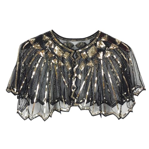 1920s Shawl Wraps Sequin Beaded Evening Cape Bridal Shawl Bolero Flapper Cover Up Oversize Transparent Mesh Shawl Wrap (Black Golden)