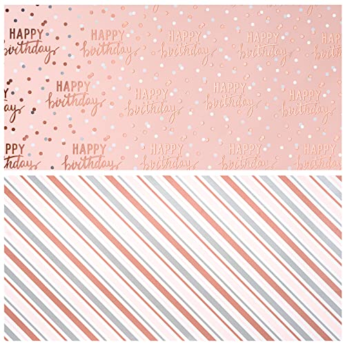 LeZakaa Reversible Birthday Wrapping Paper Roll - Happy Birthday Lettering & Stripe Design with Metallic Foil in Pink - 17 inches x 32.8 Feet (46.45 sq.ft.)