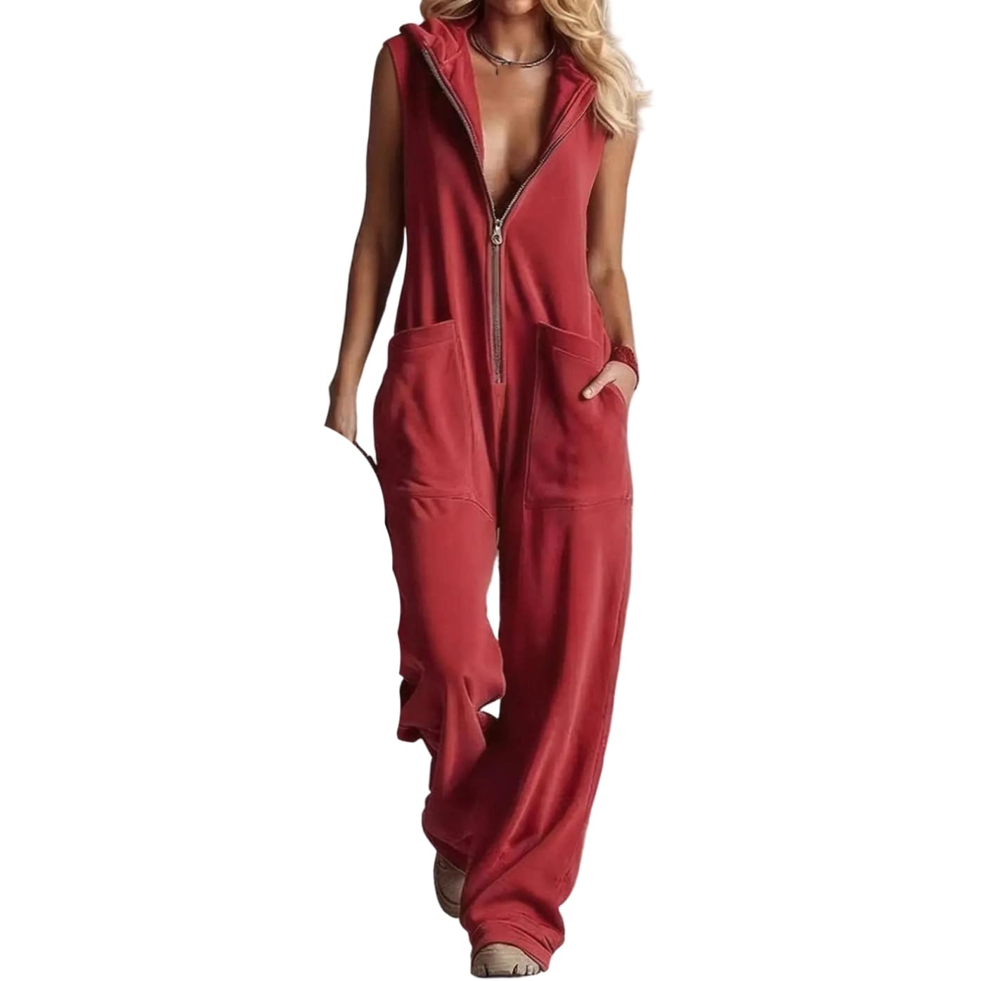 Yeuyyben Overol de verano con capucha y cuello en V y cremallera para mujer, sin mangas, pierna ancha, casual, color liso, bolsillo