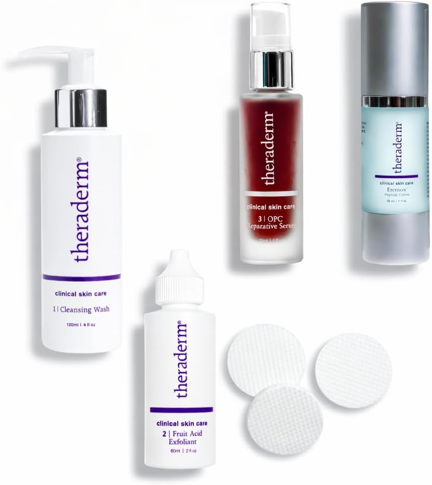 Theraderm Anti-Aging System – Clinical 4-Step Skincare Set with Lactic Acid Exfoliant, Antioxidant Serum & Peptide Cream for Firmer, Smoother-Looking Skin