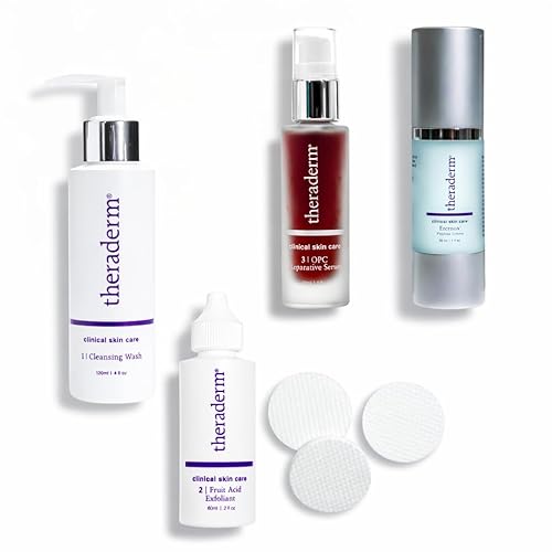 Theraderm Sistema antienvejecimiento: juego clínico de cuidado de la piel de 4 pasos con exfoliante de ácido láctico, suero antioxidante y crema