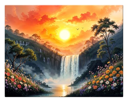 Image of ArtX Canvas Rising Sun Painting For Vastu, Big Size Wall Art Scenery, Water Stream, Waterfall Painting Vastu, Rising Sun Wall Decor, Multicolor, Nature, 58.0 X 45.0 cm, Set of 1