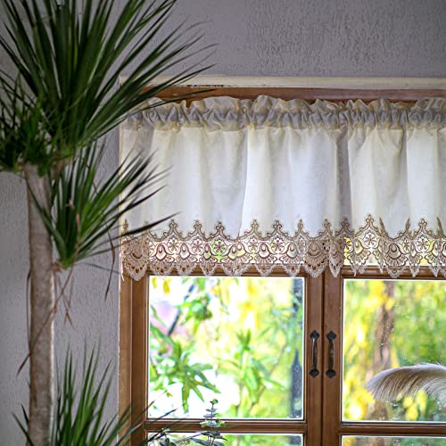 Sutavia Classical Lace Curtain Valance For Window Farmhouse Window Topper Beige Fabric With Champagne Lace Rod Pocket Country Kitchen Valance Cafe Curtain For Bedroom Living Room Bathroom  #TOP2