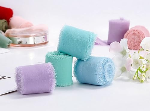 Miniatura 6 de DJBM 3 rollos de 1.5 pulgadas x 5 yardas hechas a mano con flecos de gasa de seda para invitaciones de boda, ramos de novia, envolver arreglos