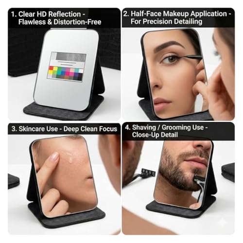 Image of Portable PU Leather Makeup Mirror with Adjustable Stand, Frameless Vanity Mirror for Women, Foldable Travel Mirror for Makeup, Dressing Use, Compact Pocket Beauty Mirror 16 x 11 cm(Black)