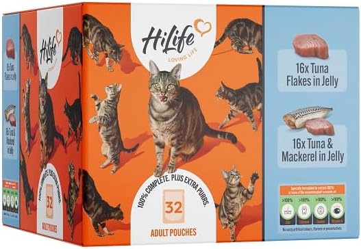 HiLife Adult Wet Cat Food, Mixed Tuna in Jelly Recipes, Complete Cat Food Pouches, 100% Natural & Grain Free, Tuna Flakes / with Mackerel(32 x 70g Pouches)