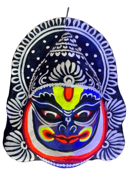 Traditional Kathakali Face Mask, Bengali Style, Hand-Painted Decorative Wall Art, Multi-Colored Cultural Design with Blue and Red Pattern-image-21