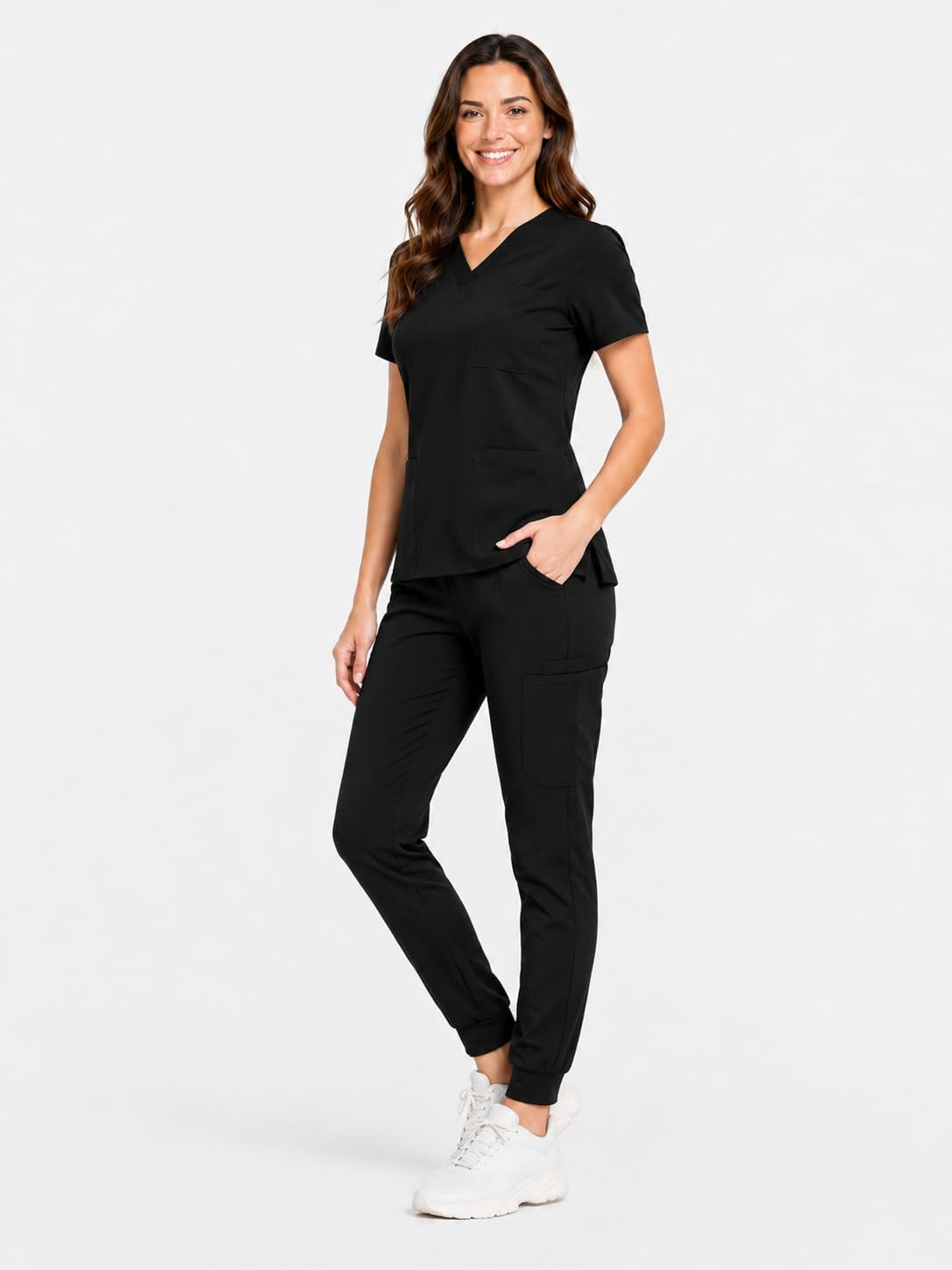 Scrubs for Women Set, 4-Way Stretch V-Neck Top & Jogger Pants, 10 Pockets Durable Medical Uniforms