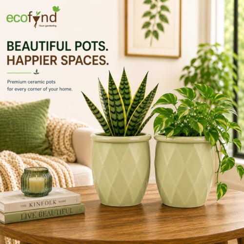 Image of ecofynd 4 Inch Ceramic Plant Pots with Drainage Hole, Modern Decorative Clay Flower Pots for Indoor Plants, Home Garden Decor for Living Room, Bedroom & Interior Spaces (Pack of 2, CPOT043-LGN)