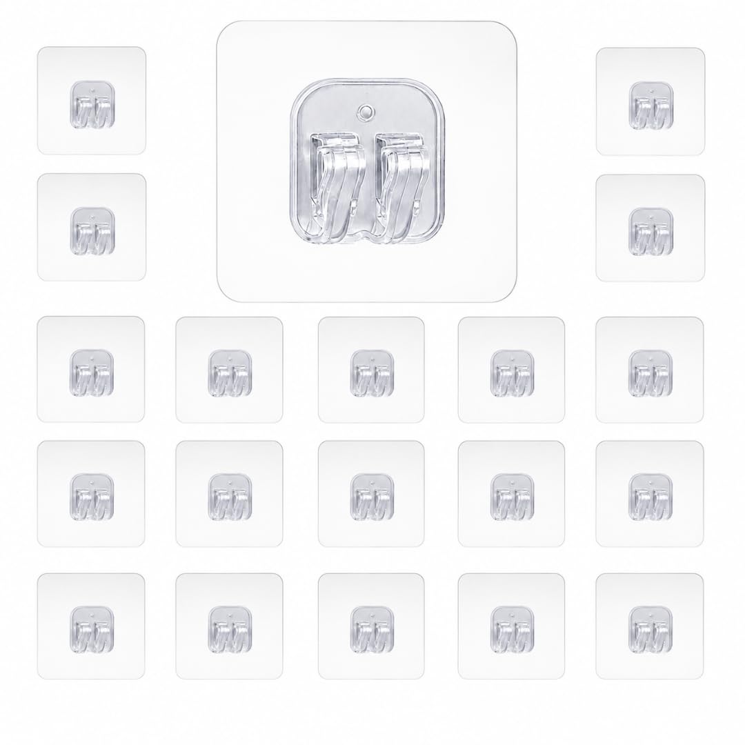 self adhesive wall hooks 20 pack heavy duty transparent hooks without drill for kitchen, bathroom & clothes hanging (sticker clips, 20)
