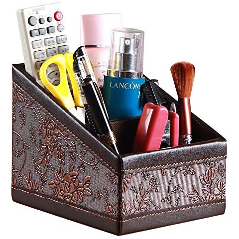 Arniche Leather Remote Control Holder with 3 ladder-shaped grids Controller,Nightstand Remote Caddy,Desk Organizers,for Storage Pen,Calculator,Media,Mail,Mobile and Phone Etc(Antique) Cover