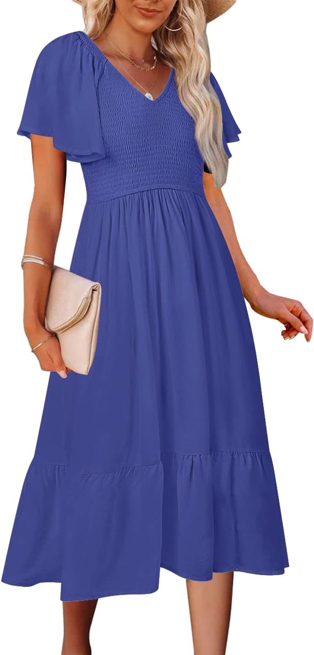 MEROKEETY Women's Summer Casual V Neck Ruffle Sleeve Smocked High Waist Midi Dress with Pockets