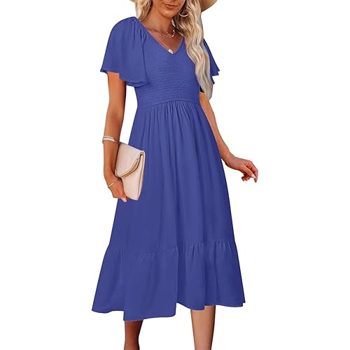 MEROKEETY Women's Summer Casual V Neck Ruffle Sleeve Smocked High Waist Midi Dress with Pockets